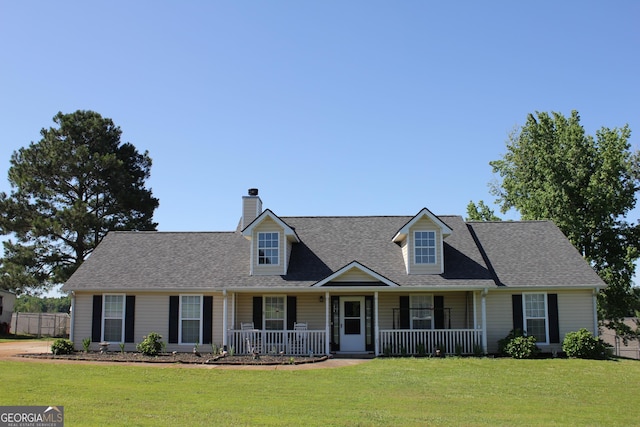 239 Ferguson Ave, Locust Grove, GA 30248 - new england style home featuring covered porch, a front yard, a chimney, and a shingled roof