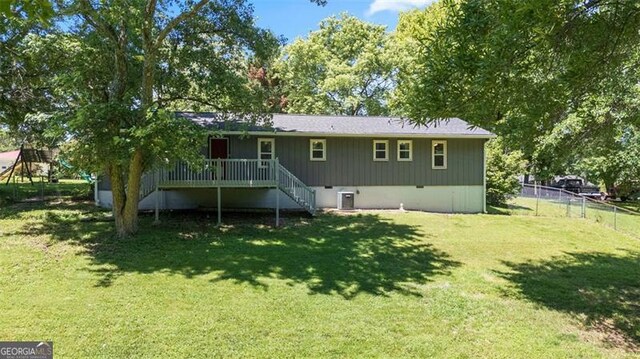 444 Polk Ln, Dallas, GA 30132 - rear view of house with stairs, a wooden deck, and central air condition unit