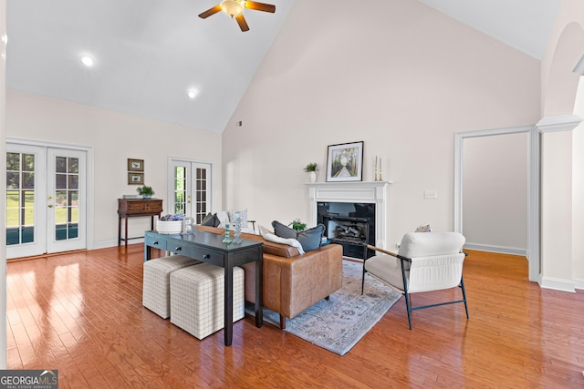 125 Lake Park Dr, Sharpsburg, GA 30277 - living area featuring french doors, high vaulted ceiling, ceiling fan, light wood finished floors, and a fireplace