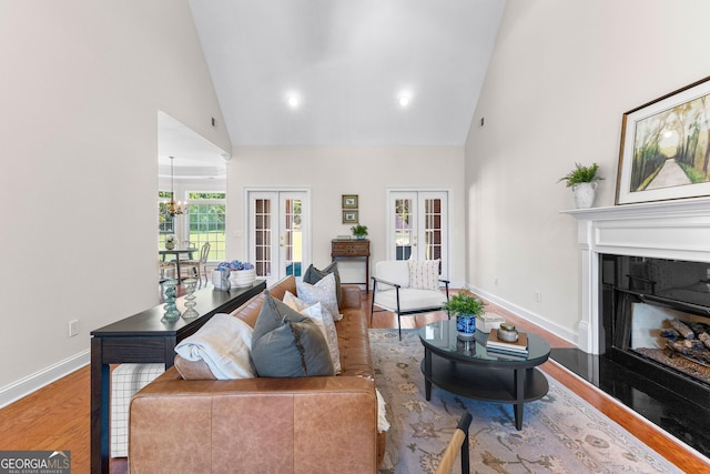 125 Lake Park Dr, Sharpsburg, GA 30277 - living area featuring french doors, high vaulted ceiling, baseboards, a fireplace with raised hearth, and wood finished floors