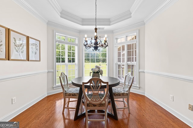 125 Lake Park Dr, Sharpsburg, GA 30277 - dining room featuring a chandelier, dark wood finished floors, a raised ceiling, baseboards, and crown molding