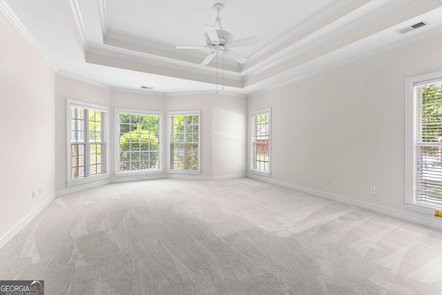 125 Lake Park Dr, Sharpsburg, GA 30277 - unfurnished room featuring light carpet, ornamental molding, baseboards, a ceiling fan, and a tray ceiling