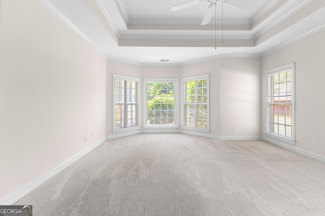 125 Lake Park Dr, Sharpsburg, GA 30277 - unfurnished room with a raised ceiling, crown molding, carpet flooring, baseboards, and ceiling fan