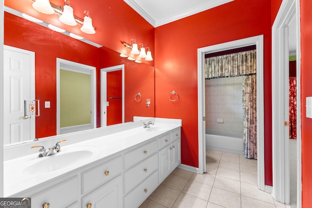 125 Lake Park Dr, Sharpsburg, GA 30277 - bathroom featuring tile patterned flooring, double vanity, baseboards, ornamental molding, and shower / bath combo with shower curtain