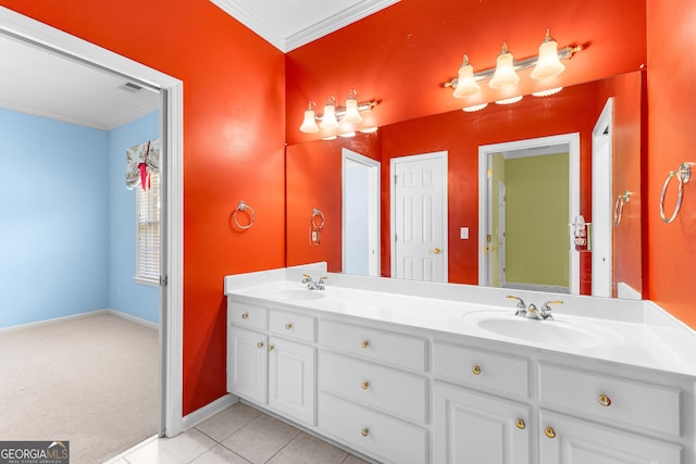 125 Lake Park Dr, Sharpsburg, GA 30277 - bathroom featuring crown molding, double vanity, tile patterned flooring, and baseboards