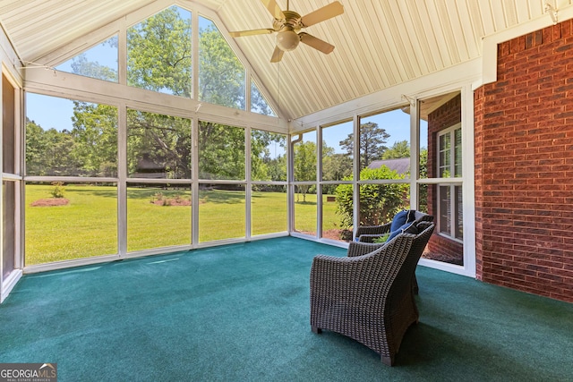125 Lake Park Dr, Sharpsburg, GA 30277 - sunroom / solarium with ceiling fan, lofted ceiling, and view of scattered trees