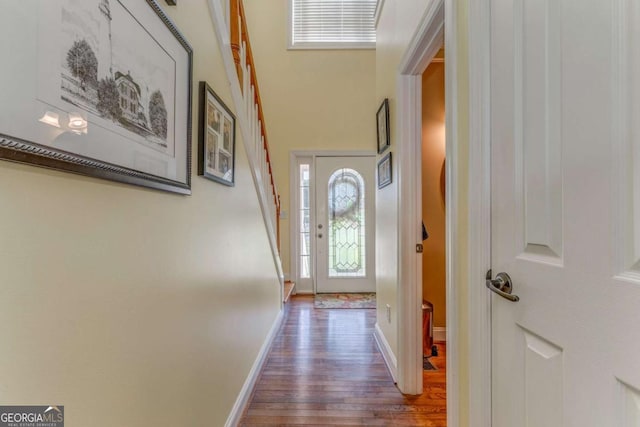 211 Westwood Dr, Calhoun, GA 30701 - entryway featuring dark wood-style flooring, baseboards, and stairway