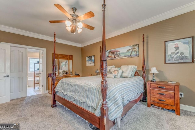 211 Westwood Dr, Calhoun, GA 30701 - carpeted bedroom featuring ornamental molding, baseboards, a ceiling fan, and ensuite bath
