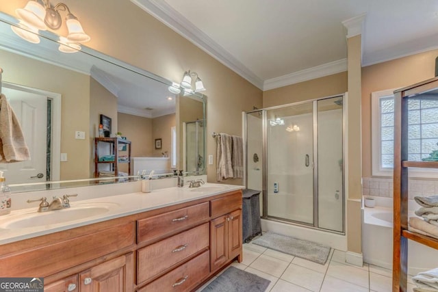211 Westwood Dr, Calhoun, GA 30701 - bathroom with tile patterned flooring, double vanity, a bath, a stall shower, and crown molding