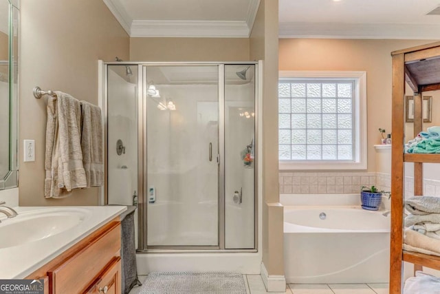 211 Westwood Dr, Calhoun, GA 30701 - bathroom with crown molding, a shower stall, vanity, a bath, and tile patterned flooring