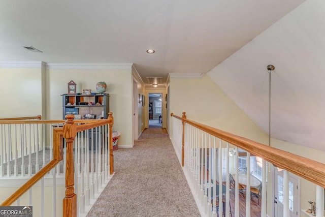 211 Westwood Dr, Calhoun, GA 30701 - corridor with light carpet, crown molding, attic access, baseboards, and recessed lighting
