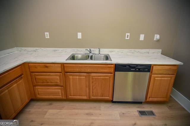 109 C St SE, Thomaston, GA 30286 - kitchen featuring stainless steel dishwasher, light wood finished floors, and brown cabinets