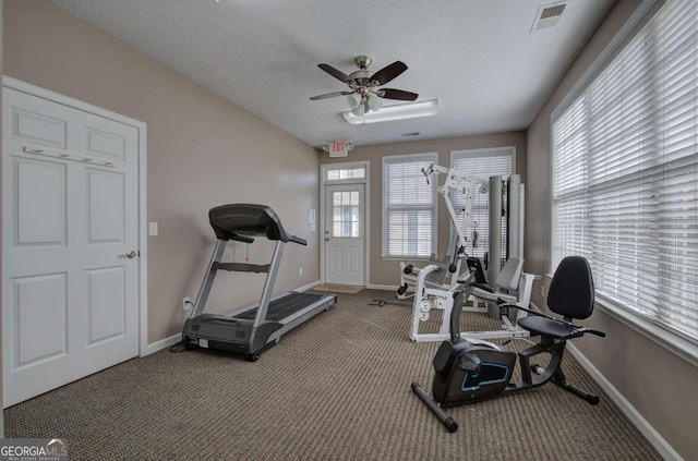 580 Camry Cir, Dallas, GA 30157 - workout area with carpet flooring, ceiling fan, baseboards, and a textured ceiling