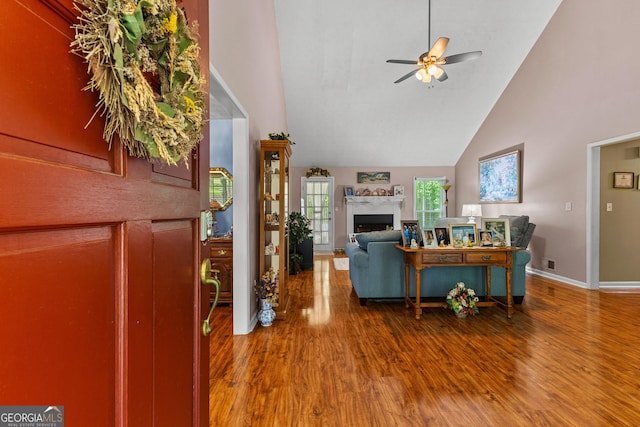 145 Adams Ct, Fayetteville, GA 30214 - living area with high vaulted ceiling, wood finished floors, baseboards, a fireplace, and a ceiling fan