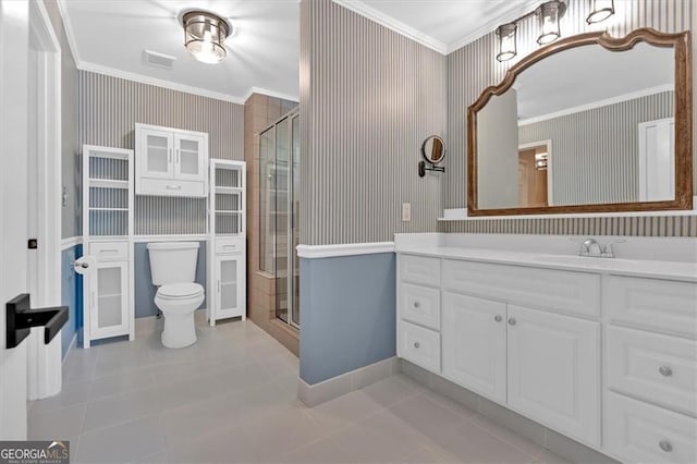 3544 Chestatee Dr, Marietta, GA 30062 - bathroom featuring ornamental molding, vanity, a stall shower, toilet, and wallpapered walls