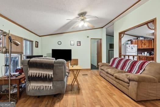 4369 River Rd, Folkston, GA 31537 - living room featuring vaulted ceiling, wood finished floors, ornamental molding, a ceiling fan, and a textured ceiling