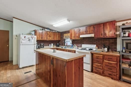 4369 River Rd, Folkston, GA 31537 - kitchen with white appliances, under cabinet range hood, light wood-style floors, light countertops, and lofted ceiling