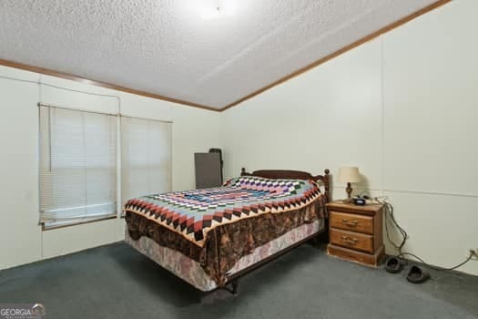 4369 River Rd, Folkston, GA 31537 - carpeted bedroom featuring a textured ceiling and vaulted ceiling