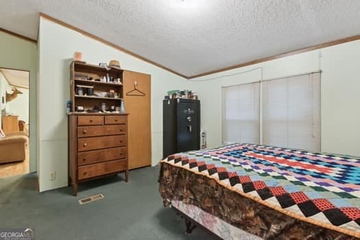 4369 River Rd, Folkston, GA 31537 - carpeted bedroom with a textured ceiling, lofted ceiling, and ornamental molding
