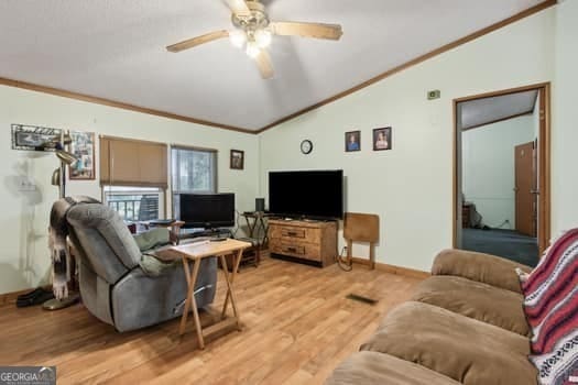4369 River Rd, Folkston, GA 31537 - living room with lofted ceiling, ceiling fan, ornamental molding, baseboards, and light wood-style flooring