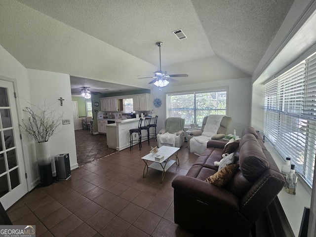 212 Hunting Ct, Jonesboro, GA 30236 - living area with a ceiling fan, vaulted ceiling, dark tile patterned flooring, and a textured ceiling