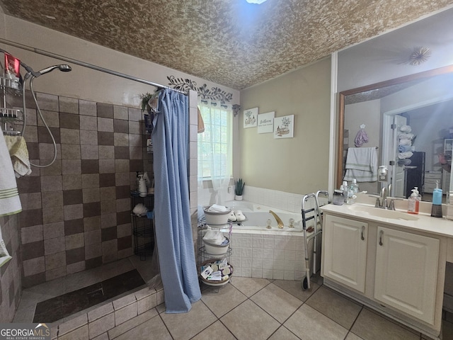 212 Hunting Ct, Jonesboro, GA 30236 - full bath with a bath, vanity, tile patterned floors, a tile shower, and a textured ceiling