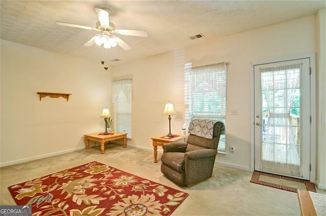 809 Longbranch Ln, Douglasville, GA 30134 - sitting room featuring carpet floors, ceiling fan, baseboards, and a textured ceiling
