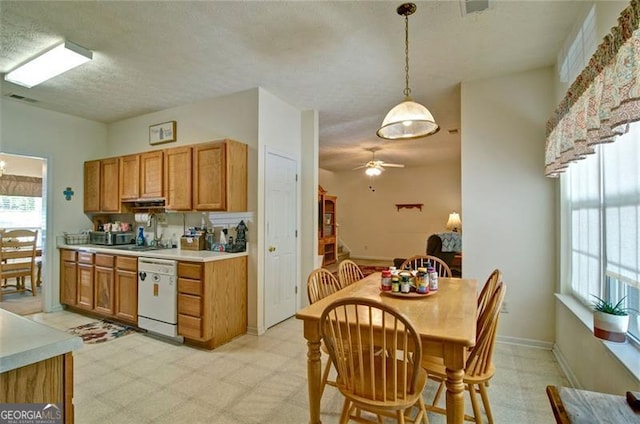 809 Longbranch Ln, Douglasville, GA 30134 - kitchen with white dishwasher, a ceiling fan, a sink, light countertops, and pendant lighting