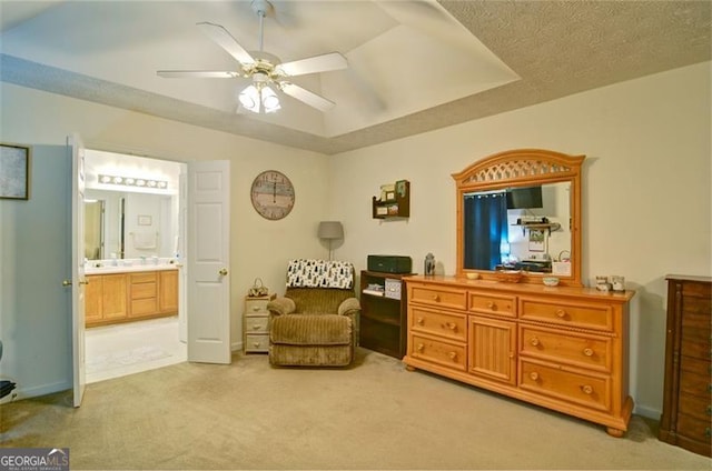 809 Longbranch Ln, Douglasville, GA 30134 - living area with light colored carpet, a ceiling fan, and a tray ceiling