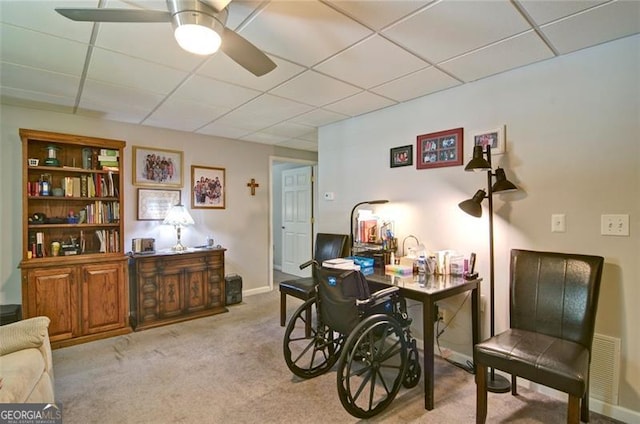 809 Longbranch Ln, Douglasville, GA 30134 - office area featuring a paneled ceiling, a ceiling fan, carpet floors, and baseboards