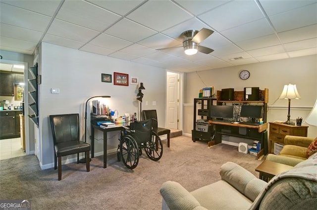 809 Longbranch Ln, Douglasville, GA 30134 - living area with a ceiling fan, carpet flooring, a paneled ceiling, and an office area