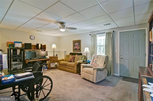 809 Longbranch Ln, Douglasville, GA 30134 - living room with carpet, ceiling fan, a drop ceiling, and an office area