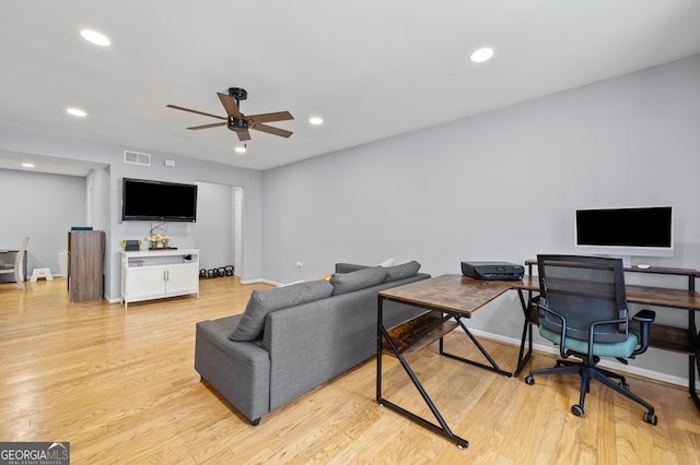 6851 Roswell Rd Unit E4, Sandy Springs, GA 30328 - living room featuring ceiling fan, light wood-style flooring, recessed lighting, baseboards, and an office area