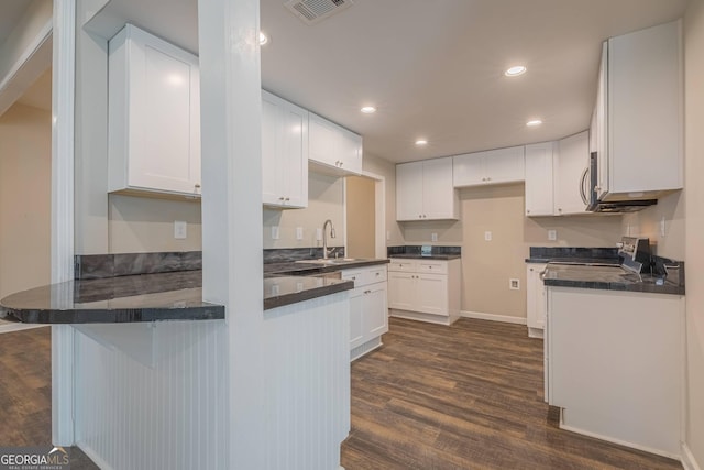 3107 Hendrix Cir SW, Covington, GA 30014 - kitchen with a sink, dark wood-style flooring, dark countertops, and recessed lighting