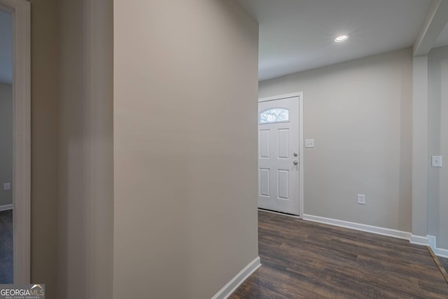 3107 Hendrix Cir SW, Covington, GA 30014 - hall with baseboards, dark wood-style flooring, and recessed lighting