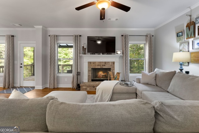 1412 Short Ct, Mcdonough, GA 30252 - living room with plenty of natural light, ceiling fan, ornamental molding, a fireplace, and baseboards