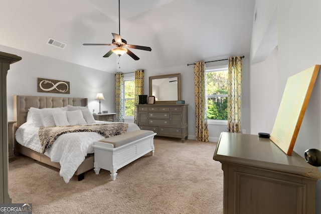 1412 Short Ct, Mcdonough, GA 30252 - bedroom with light carpet, lofted ceiling, a ceiling fan, and baseboards