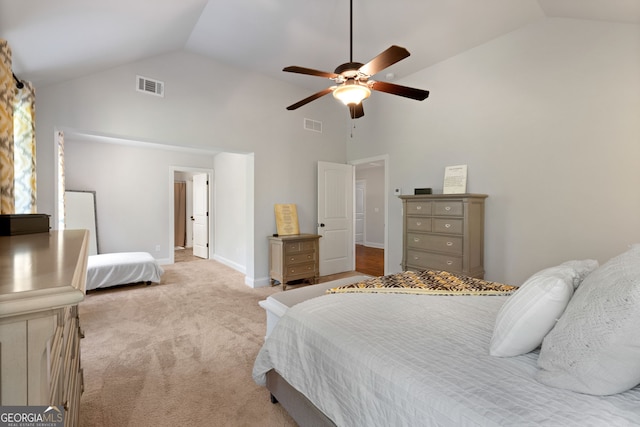 1412 Short Ct, Mcdonough, GA 30252 - bedroom with high vaulted ceiling, carpet flooring, baseboards, and ceiling fan