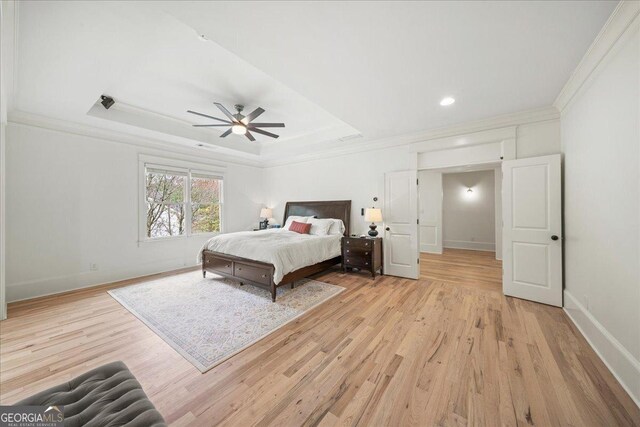 4048 Navajo Trl NE, Brookhaven, GA 30319 - bedroom featuring light wood-style floors, ornamental molding, baseboards, a tray ceiling, and recessed lighting