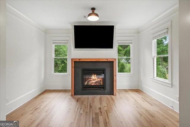4048 Navajo Trl NE, Brookhaven, GA 30319 - unfurnished living room with wood finished floors, a glass covered fireplace, healthy amount of natural light, and ornamental molding