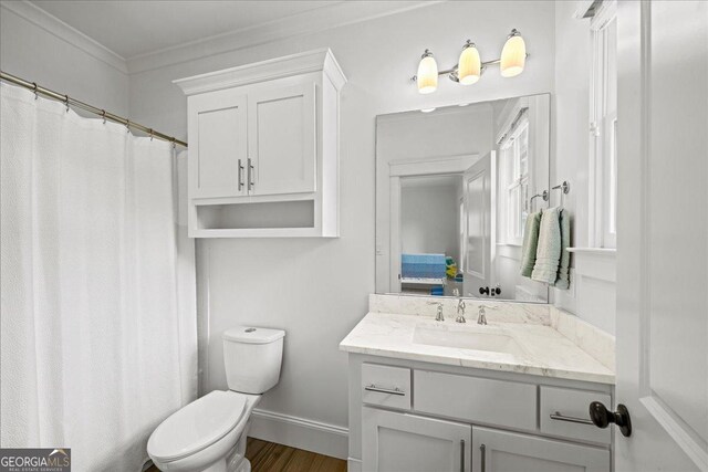 4048 Navajo Trl NE, Brookhaven, GA 30319 - bathroom with vanity, toilet, wood finished floors, crown molding, and baseboards