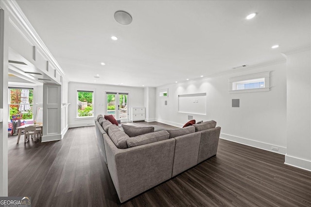 4048 Navajo Trl NE, Brookhaven, GA 30319 - living area with baseboards, dark wood finished floors, recessed lighting, and ornamental molding