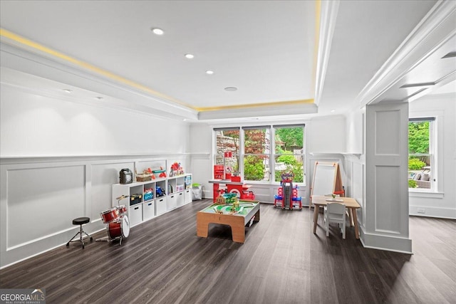 4048 Navajo Trl NE, Brookhaven, GA 30319 - rec room featuring a decorative wall, a raised ceiling, healthy amount of natural light, wood finished floors, and recessed lighting