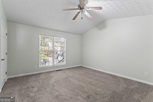 11439 S Grove Dr, Hampton, GA 30228 - carpeted spare room with a textured ceiling, ceiling fan, lofted ceiling, and baseboards