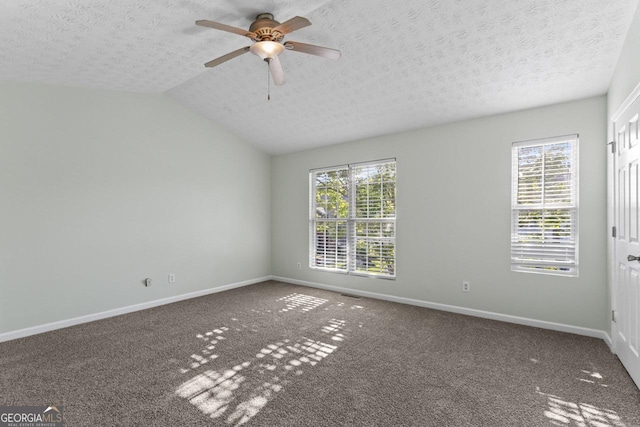 11439 S Grove Dr, Hampton, GA 30228 - carpeted empty room with a textured ceiling, plenty of natural light, a ceiling fan, baseboards, and lofted ceiling