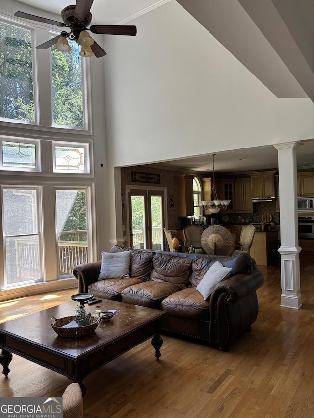 245 River Laurel Way, Woodstock, GA 30188 - living area with a towering ceiling, decorative columns, ceiling fan, wood finished floors, and ornamental molding