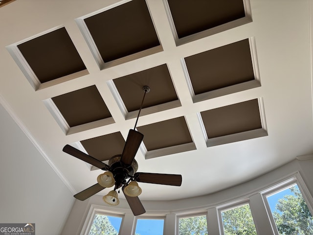 245 River Laurel Way, Woodstock, GA 30188 - detailed view of coffered ceiling, ornamental molding, a ceiling fan, and beamed ceiling