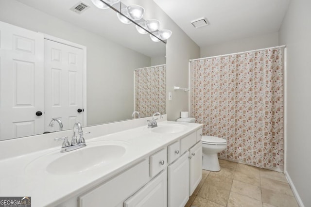7025 Coffield Ct, Cumming, GA 30041 - full bathroom with toilet, double vanity, tile patterned flooring, and curtained shower