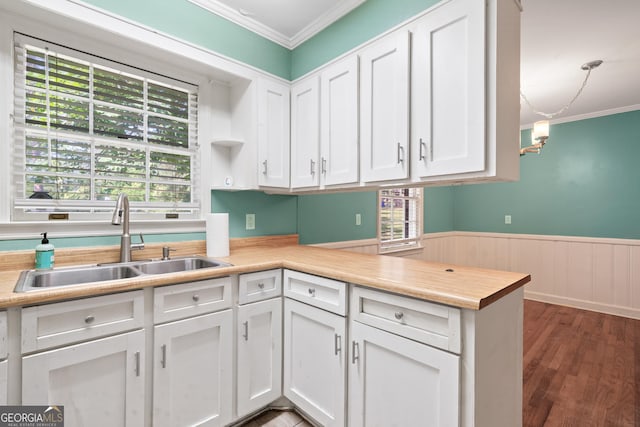 2933 King Alfred Dr, Macon, GA 31204 - kitchen featuring a sink, crown molding, white cabinets, light countertops, and a wainscoted wall