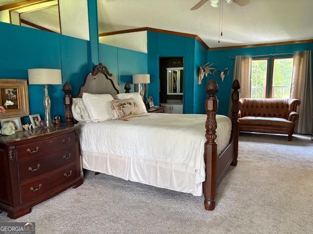 210 Vineyard Rd, Thomaston, GA 30286 - bedroom with carpet floors, vaulted ceiling, crown molding, and ceiling fan
